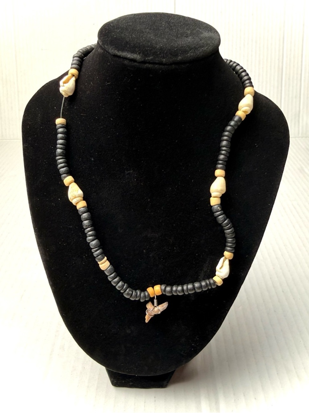 Vintage Wire Wrapped Shark Tooth Pendant Necklace Black Wood Beads Shells Boho